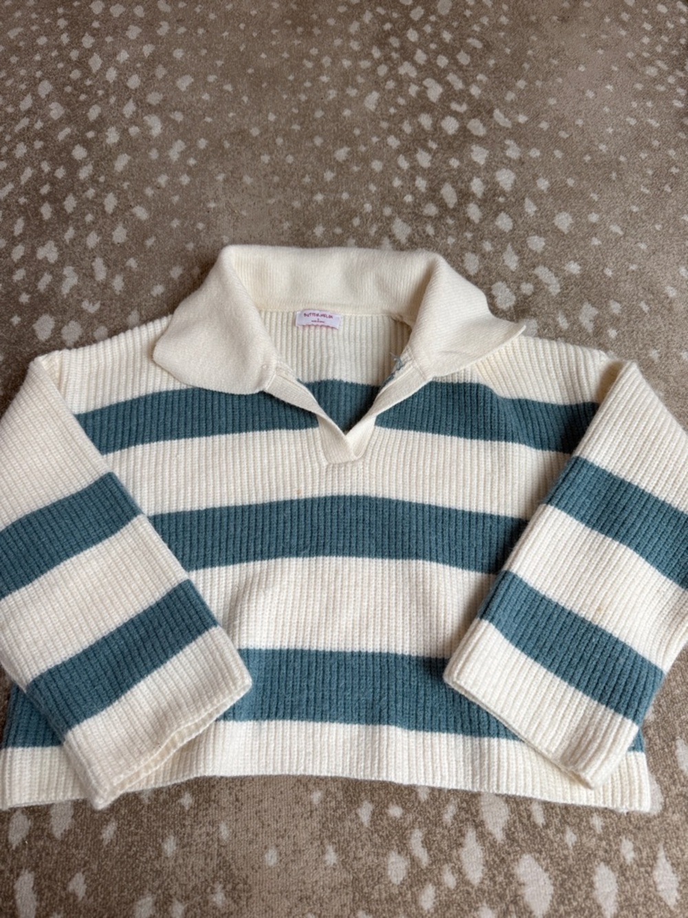 Striped Collared Knit Sweater - Cream & Teal